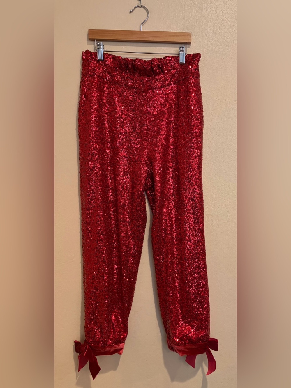 Jingle All The Way Red Sequin Party Track Pants, w/ Velvet Bows and High Waist